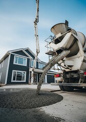 Concrete truck pouring cement for a new house construction on a sunny day