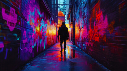 Man Walking Through Colorful Graffiti Alley at Night
