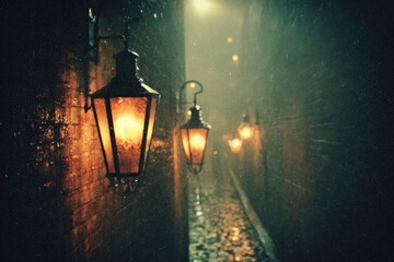Misty alleyway, lit by vintage lanterns