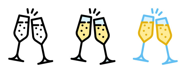 Champagne toast icon. Two sparkling wine glasses clinking, line and fill icon. Outline, filled, and color versions. Vector illustration with editable stroke. Isolated on transparent background.