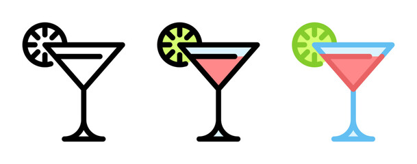 Cosmopolitan cocktail icon. Pink drink line and fill icon. Outline, filled, and color versions. Vector illustration with editable stroke. Isolated on transparent background.