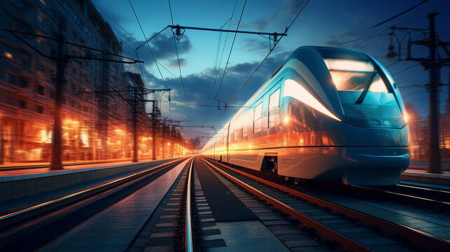 High Speed Train Passing Through City at Night
