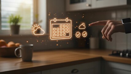 Smart home technology: An adult's hand interacts with a virtual holographic display in a modern kitchen, featuring calendar, weather, and planning tools for a futuristic daily routine. - Powered by Adobe