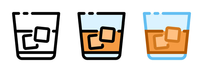 Whiskey glass icon. Whisky line and fill icon. Outline, filled, and color versions. Vector illustration with editable stroke. Isolated on transparent background.
