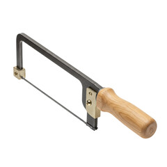 A single coping saw, a hand tool with a thin steel blade and ergonomic handle, in an ultra-realistic UHD 3/4 view against a transparent studio background, concept for product photography
