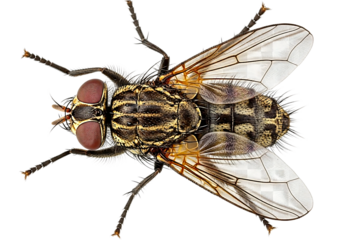 Close up top view of a common housefly insect isolated on transparent background