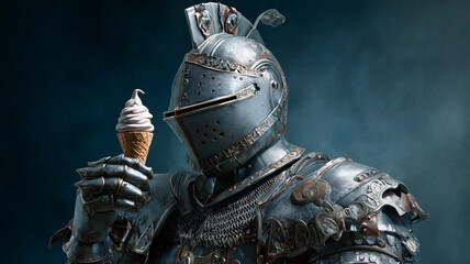 Medieval knight in armor holding ice cream cone 