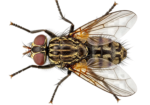 Close up top view of a common housefly insect isolated on transparent background