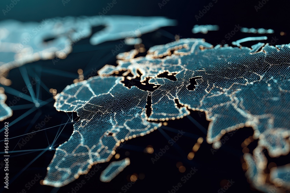 Poster world map visualization with interconnected lines illustrating global connectivity and data flow acr