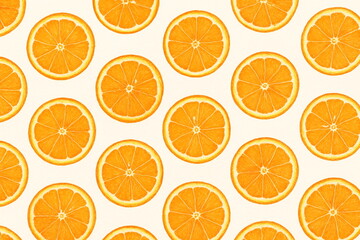 オレンジの輪切りシームレスパターン ー 柑橘の断面を規則的に並べた爽やかな背景。食品・夏のイメージ、パッケージ、テキスタイル、壁紙、SNSデザインに使える明るいイラスト素材。