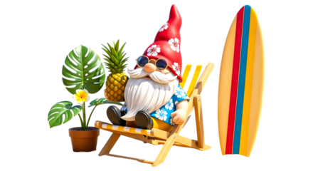Garden gnome relaxing in a beach chair with surfboard and tropical plants isolated on transparent background
