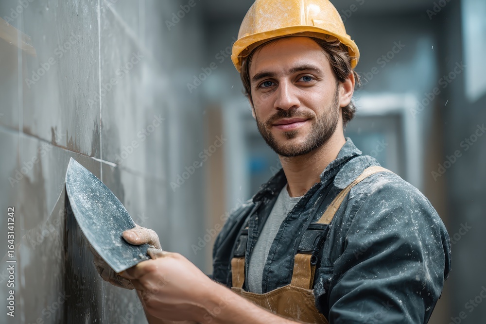 Aufkleber construction worker skillfully applying tiles using a tiling trowel inside a modern building under r