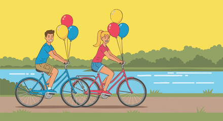 Fototapeta premium Couple Enjoying Bike Ride with Balloons by River