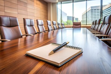 Modern conference room with polished wooden table, high-back leather chairs, notebook and pen, sunlit windows with urban building views