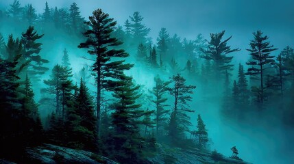 Misty, teal-hued forest scene with tall pines