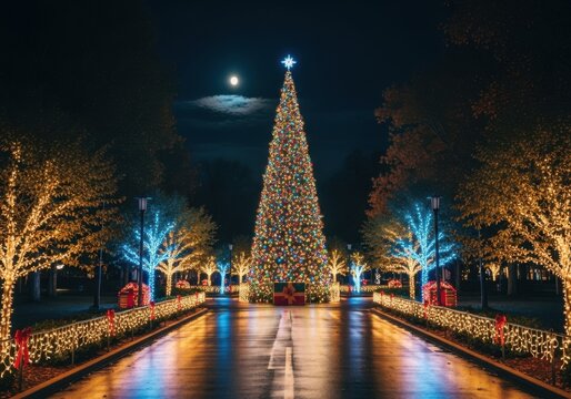 A beautifully illuminated christmas tree at night, lining a street with festive lights and decorations