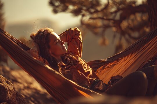 Woman enjoys a peaceful rest in a hammock after a rewarding hike in the serene wilderness during the golden hour