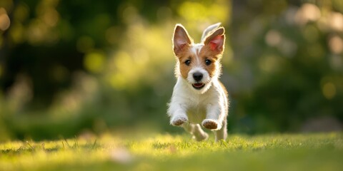 The joyful puppy running freely through a vibrant green park.