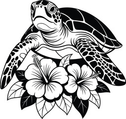 Sea turtle with hibiscus flowers, tropical marine life illustration, black and white design, ocean wildlife art, summer beach tattoo style