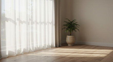 Obraz premium Bright indoor space with potted plant and sheer curtains 