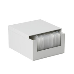 Fototapeta premium Pristine matte white cardboard photo storage box with translucent dividers on a transparent infinity cove background, studio lighting, no shadows, commercial product display