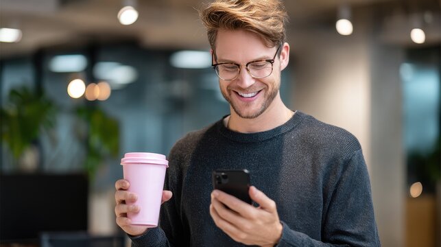 Smiling Young Man Holding Pink Coffee Cup and Black iPhone in Modern White Office Space.