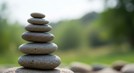 Stacked stones forming a balance sculpture in a natural setting  