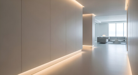 Modern interior hallway with built-in storage and ambient lighting, leading to a living area.