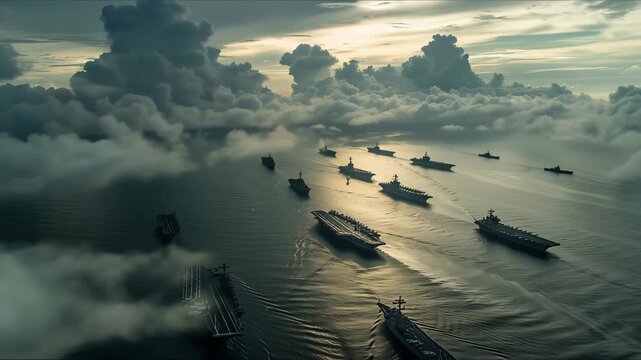 Nuclear war ships, Navy ship, Military navy. nuclear carrier running in the ocean. Military navy ship carrier full loading fighter jet aircraft for prepare troops