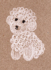 Raster illustration of a cute simple stylized cartoon dog character of the Bichon Frise breed, hand drawn with white and black pencil on cardboard.
