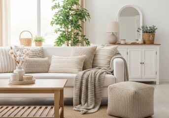 Cozy living room interior with a comfortable sofa and decor