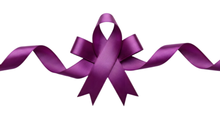 A decorative purple satin ribbon tied in a bow, with flowing wavy ends, isolated on a transparent background for gift wrapping or design