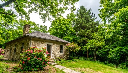 Rustic stone house nestled in a lush forest