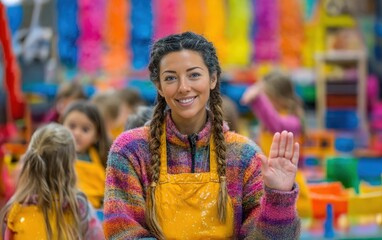 Fototapeta premium Smiling Hispanic Teacher with Braids and Yellow Apron in a Classroom, Waving Hand, Surrounded by Children, Colorful Backdrop