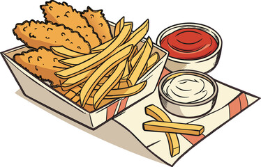 Crispy Chicken Fries Illustration for Food Menu Design. Golden Fried Chicken Fries Clipart for Restaurant Branding. Tasty Chicken Fries Artwork for Fast Food Advertising. Deep Fried Chicken Fries Grap