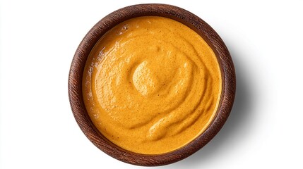 Fototapeta premium Rich and creamy sauce displayed in a wooden bowl, showcasing a golden orange color and smooth texture
