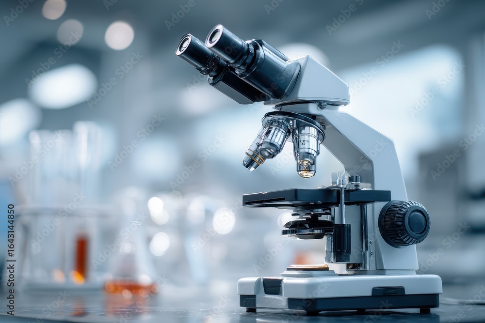 Poster microscope positioned on lab table meant for scientific exploration and analysis, equipped with mult