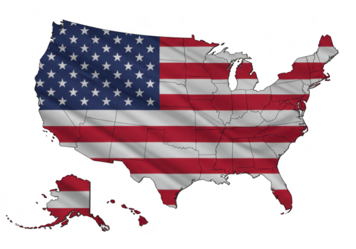 Map of the united states of america with the american flag superimposed, isolated on transparent background