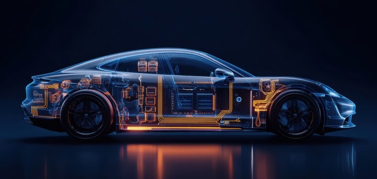 The futuristic transparent car showcasing advanced electrical systems and circuitry.