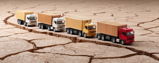 Toy trucks lined up on cracked, dry ground depict a desolate landscape.