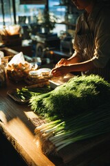 Morning in a well-organized produce section with wooden crates A person is carefully placing fresh broccoli and cauliflower The mood is calm and careful, Generative AI