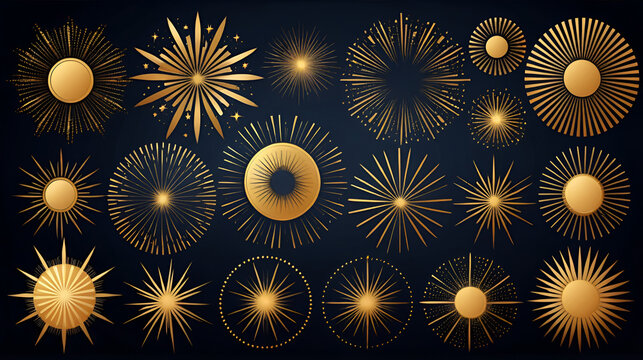 Sunburst set. Big collection sunburst best quality. Star, firework explosion, logo, emblem, tag. Web banner. Vector Illustration.