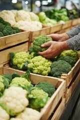 Morning in a well-organized produce section with wooden crates A person is carefully placing fresh broccoli and cauliflower The mood is calm and careful, Generative AI