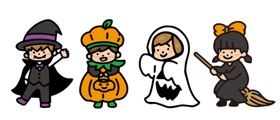 ハロウィンの仮装をしている子供たちのイラストセット