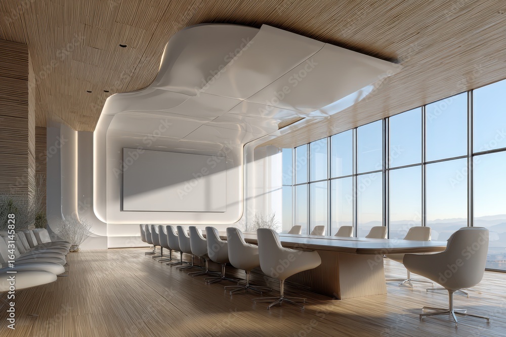 Poster futuristic conference room featuring modern design elements and large windows with panoramic views d