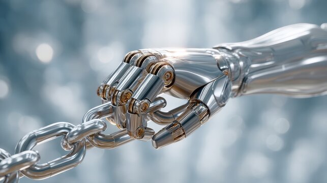 A robotic hand grasping a metallic chain against a blurred background.