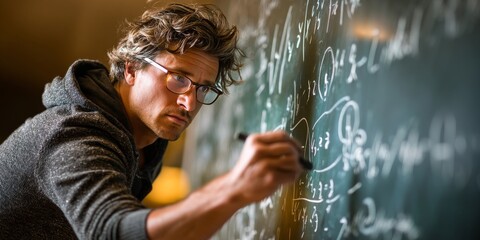 Focused university professor writing complex mathematical equations on chalkboard
