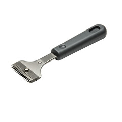 Ultra-detailed, new handheld paper distresser tool with a dark gray matte handle, polished silver serrated wheel, on a transparent background with diffused lighting, product photography concept