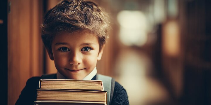 Elementary school student carrying books in school hallway