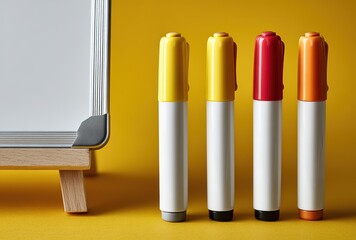 Colorful Marker Pens and Whiteboard on Yellow Background Office and Teaching Creative Tools
